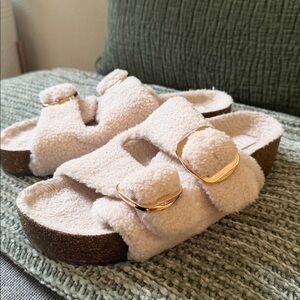 Cozy Shearling Slide Sandals with Gold Buckles - Cream